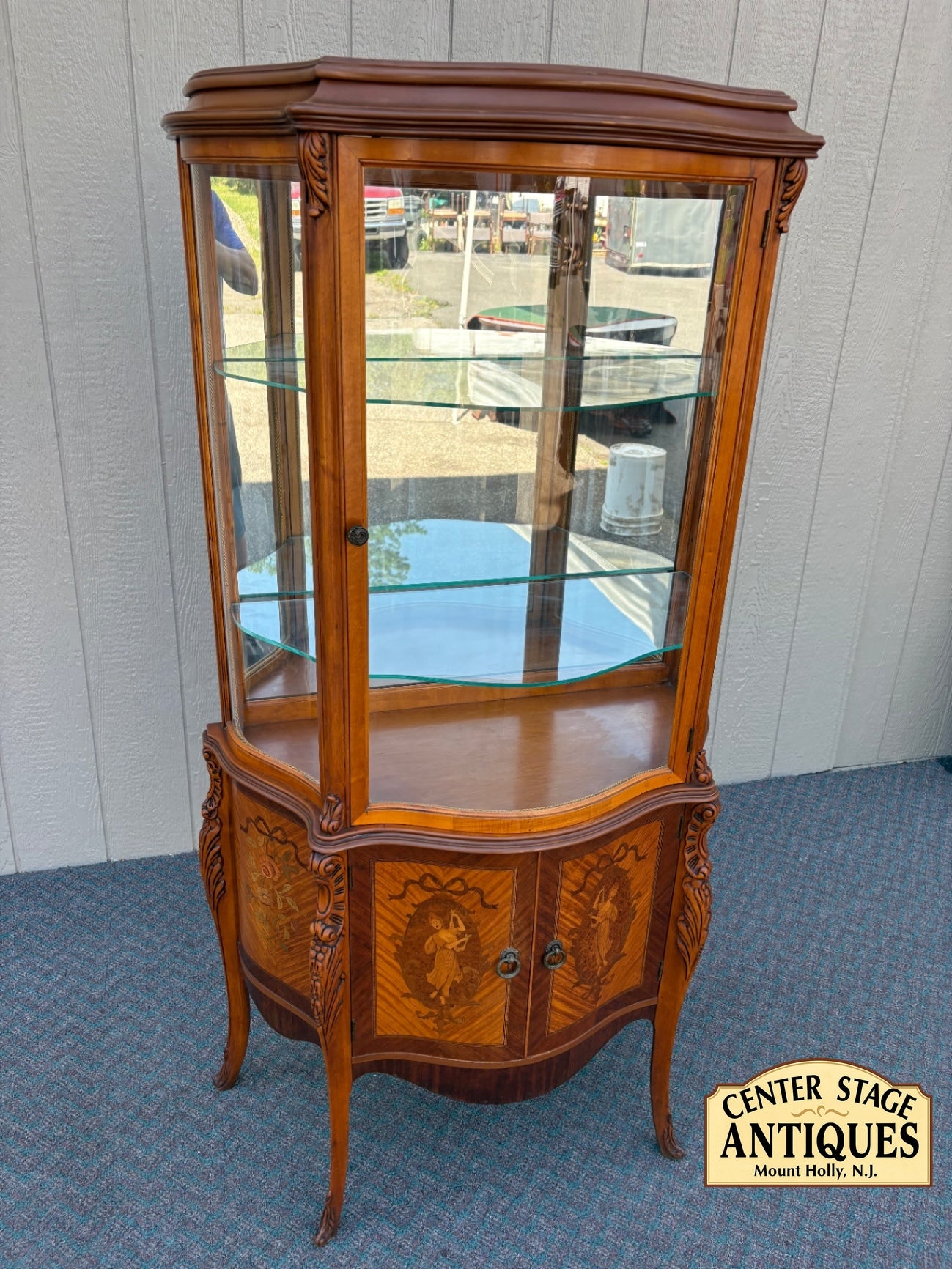 67807  Elegant Inlaid Curio Cabinet with Glass Display Shelves