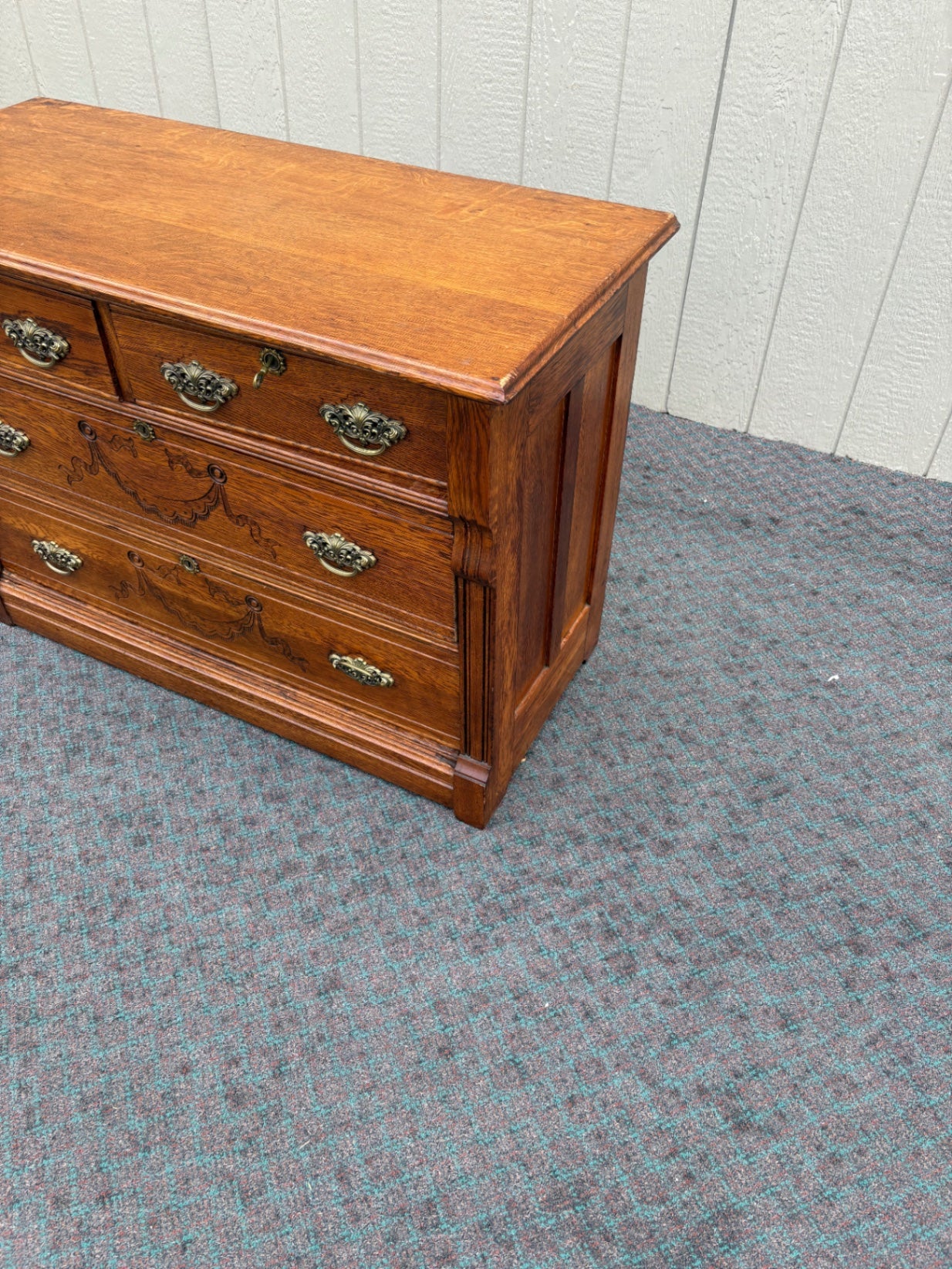 67959 Victorian Oak Dresser with Brass Hardware and Carved Details