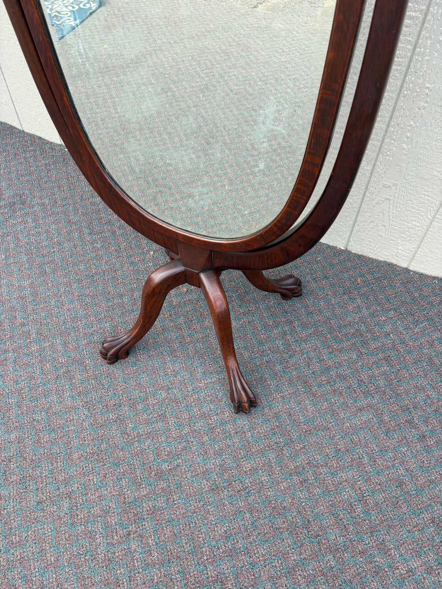 67612 Antique Oak Cheval Mirror with Beveled Glass