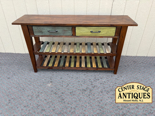 67990 Rustic Wood Console Table with Multi-Color Drawers and Shelves