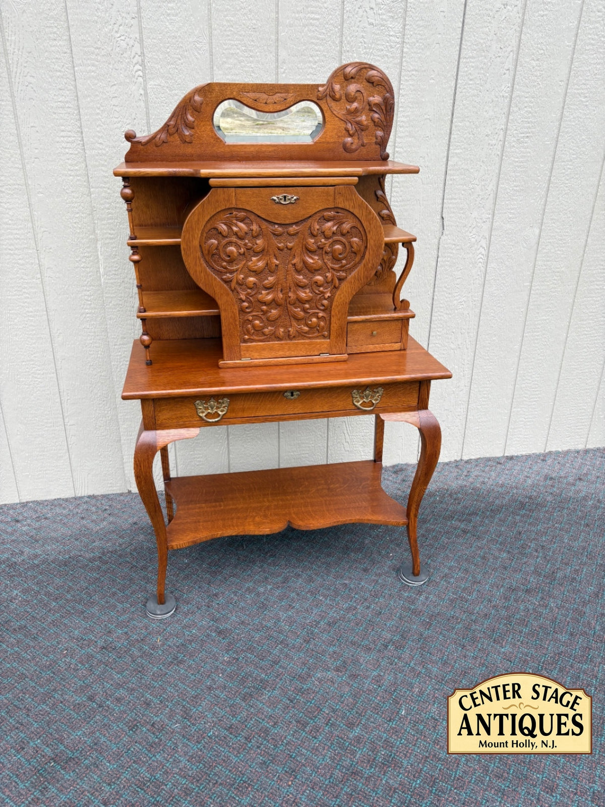 68144 Victorian Oak Davenport Desk with Carved Details and Mirror
