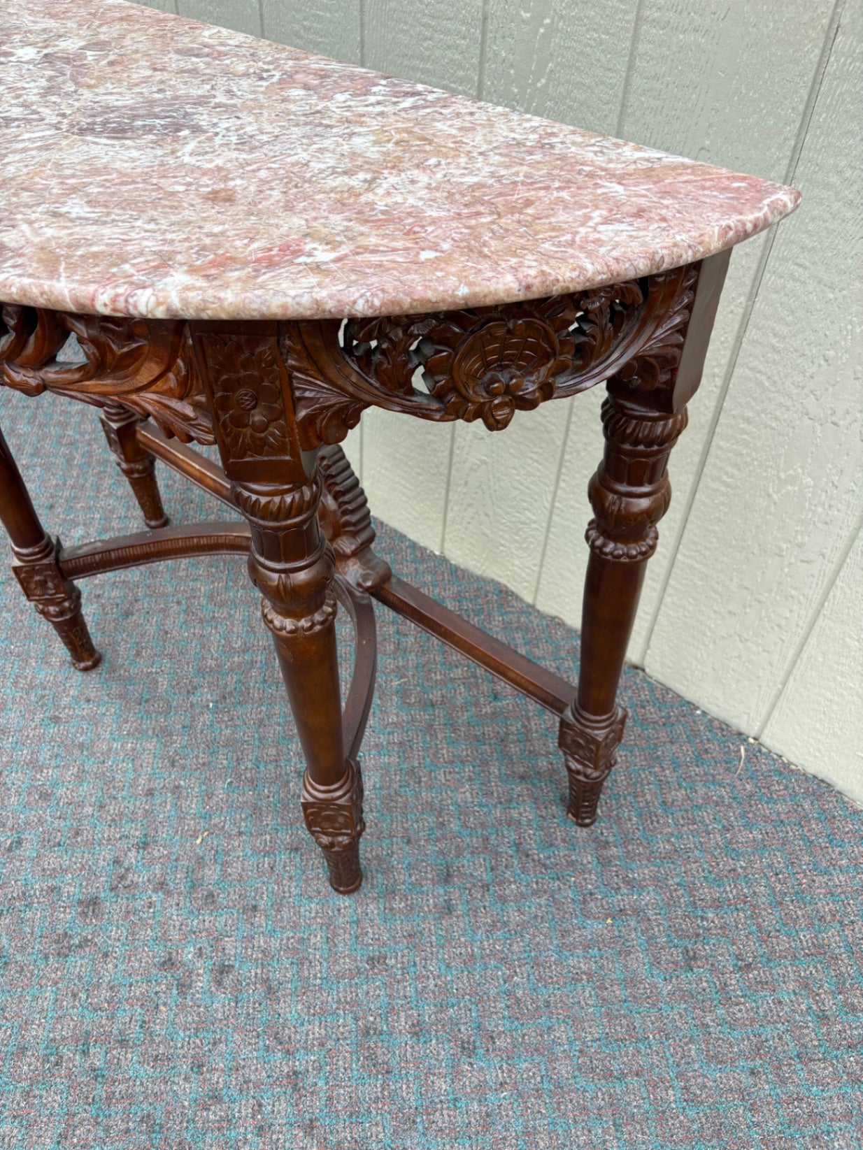 67674 Victorian Marble Top Demilune Console Table with Carved Mahogany