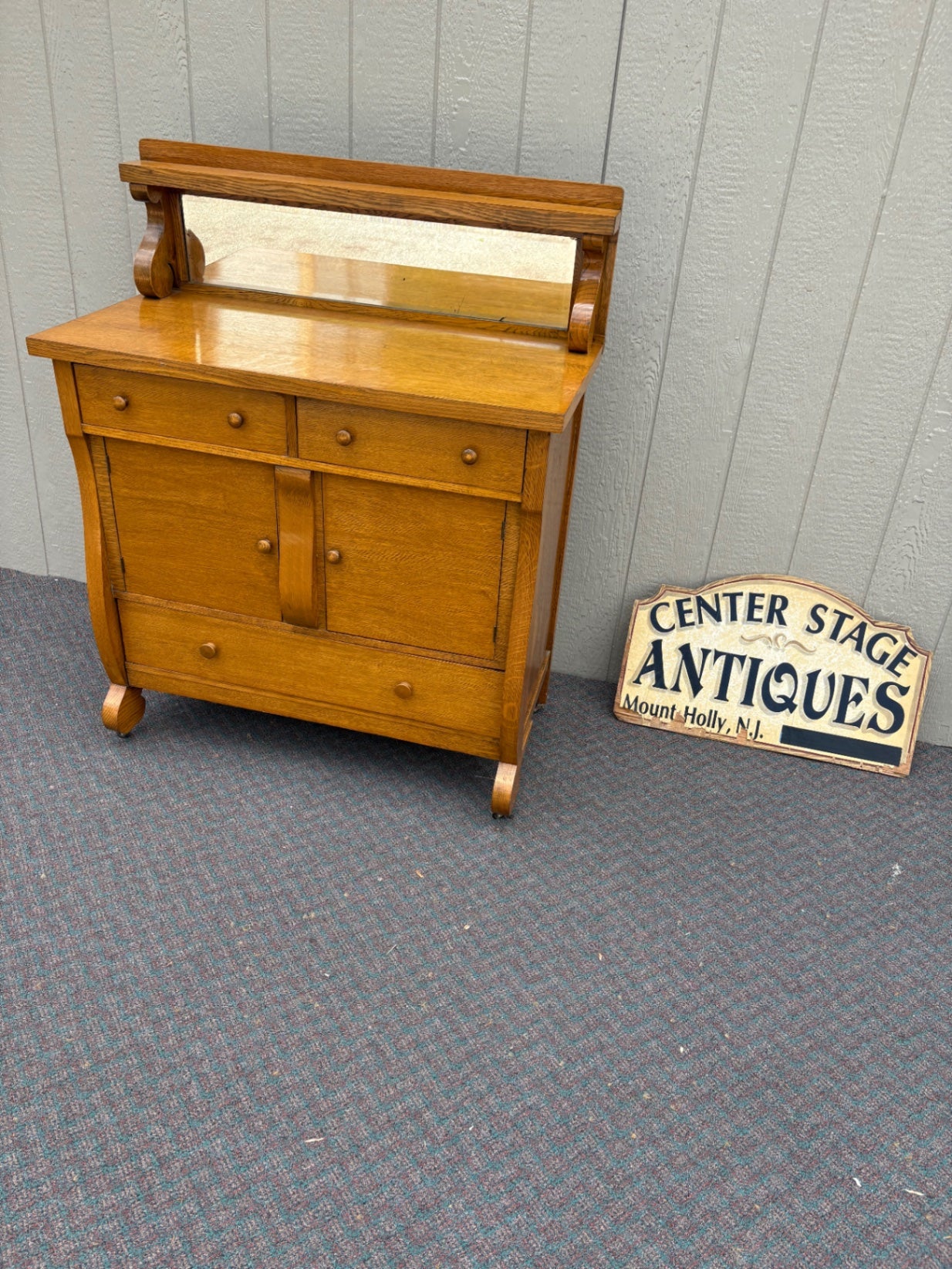 67790 Antique Oak Buffet with Mirror and Storage, Early 20th Century