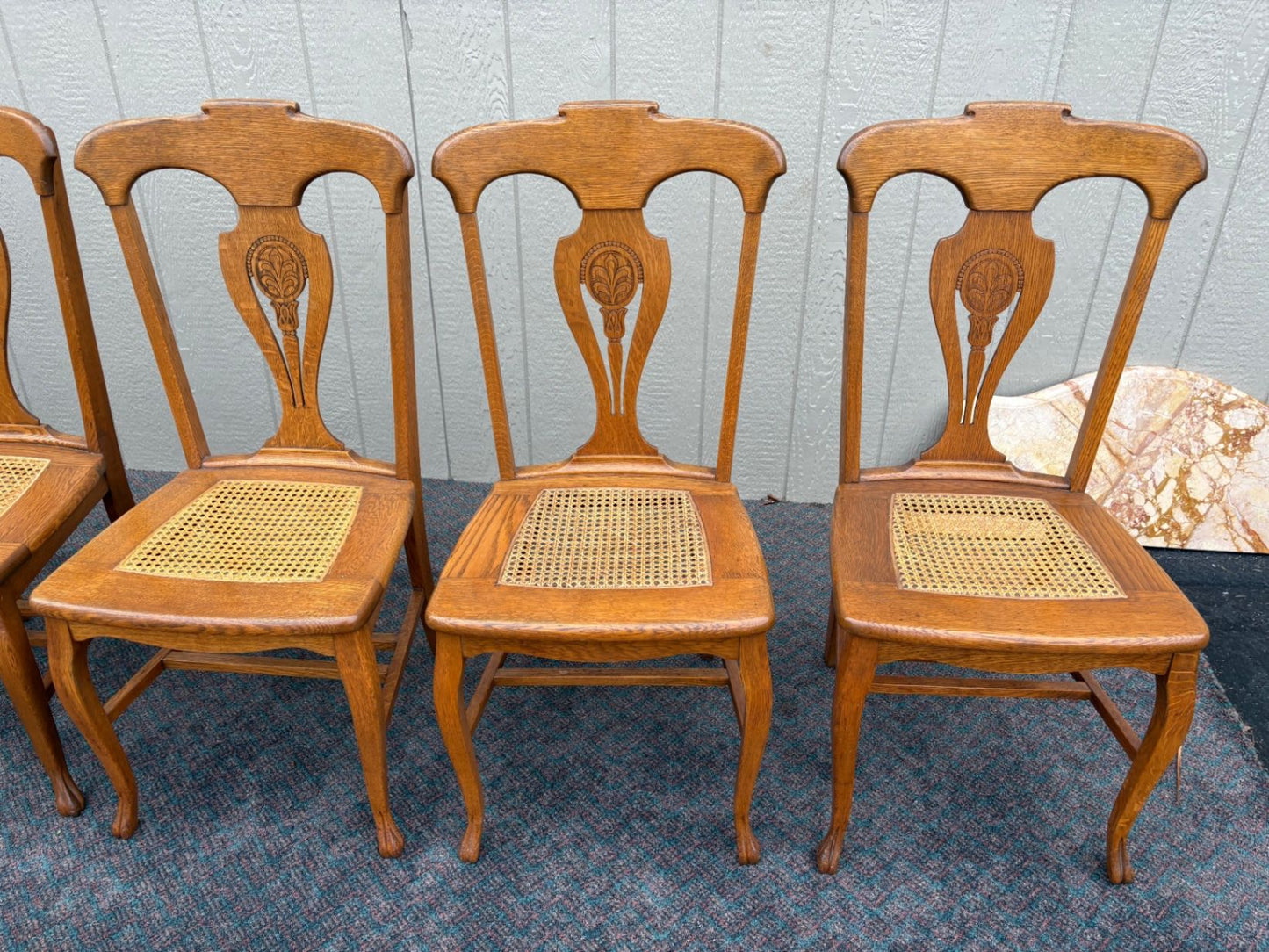 67360 Set of 6 Oak Dining Chairs, Queen Anne Style with Cane Seats