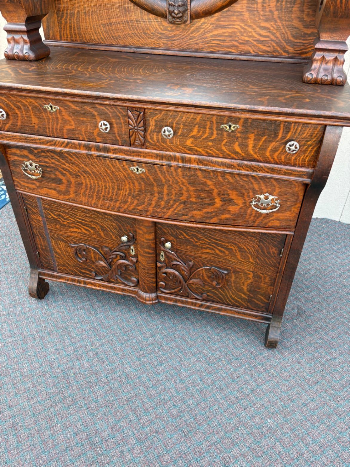 67417 Victorian Tiger Oak Sideboard with Figural Carvings and Mirror