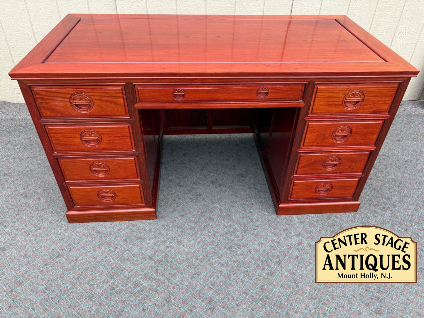 Oriental Executive Desk with Rich Mahogany Finish and Ample Storage