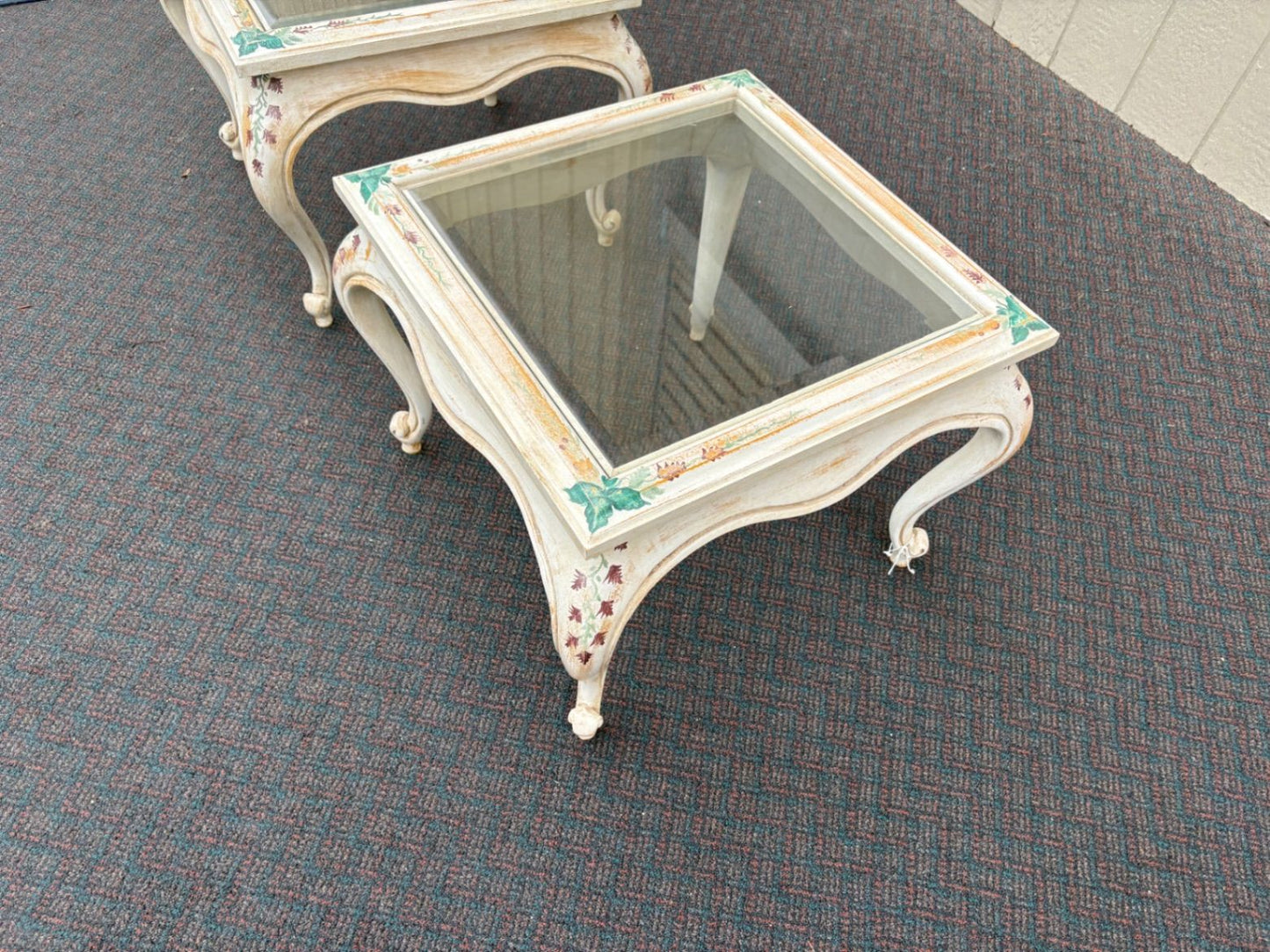 61856 PAIR  of French Provincial ITALIAN Hand Painted Glass Top End Tables