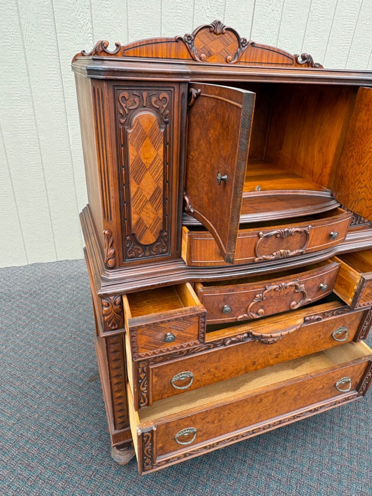 67535 Antique Walnut High Chest with Intricate Carvings and Secret Compartment