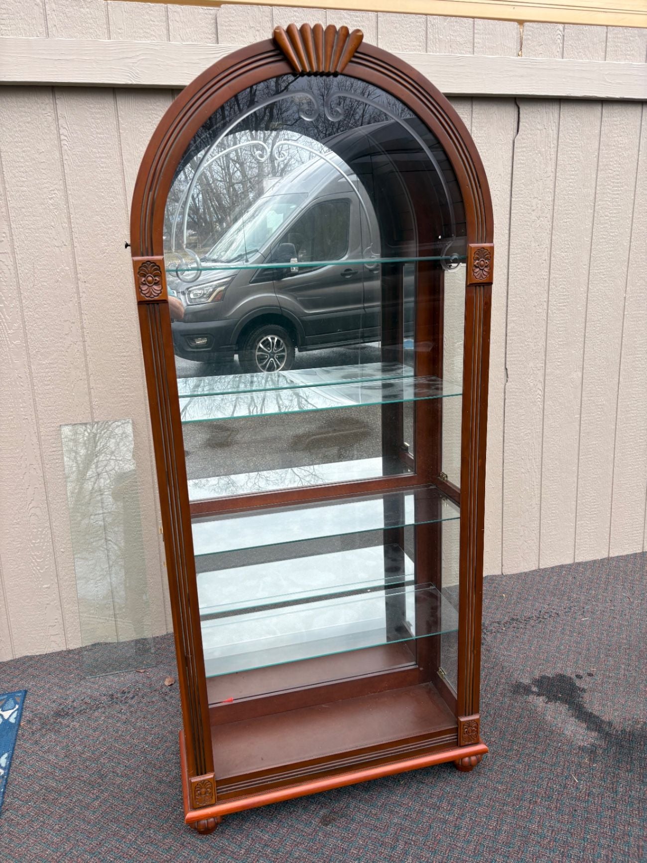 67572 PAIR  of Lighted Etched Glass Curio Cabinets with Wood Frame