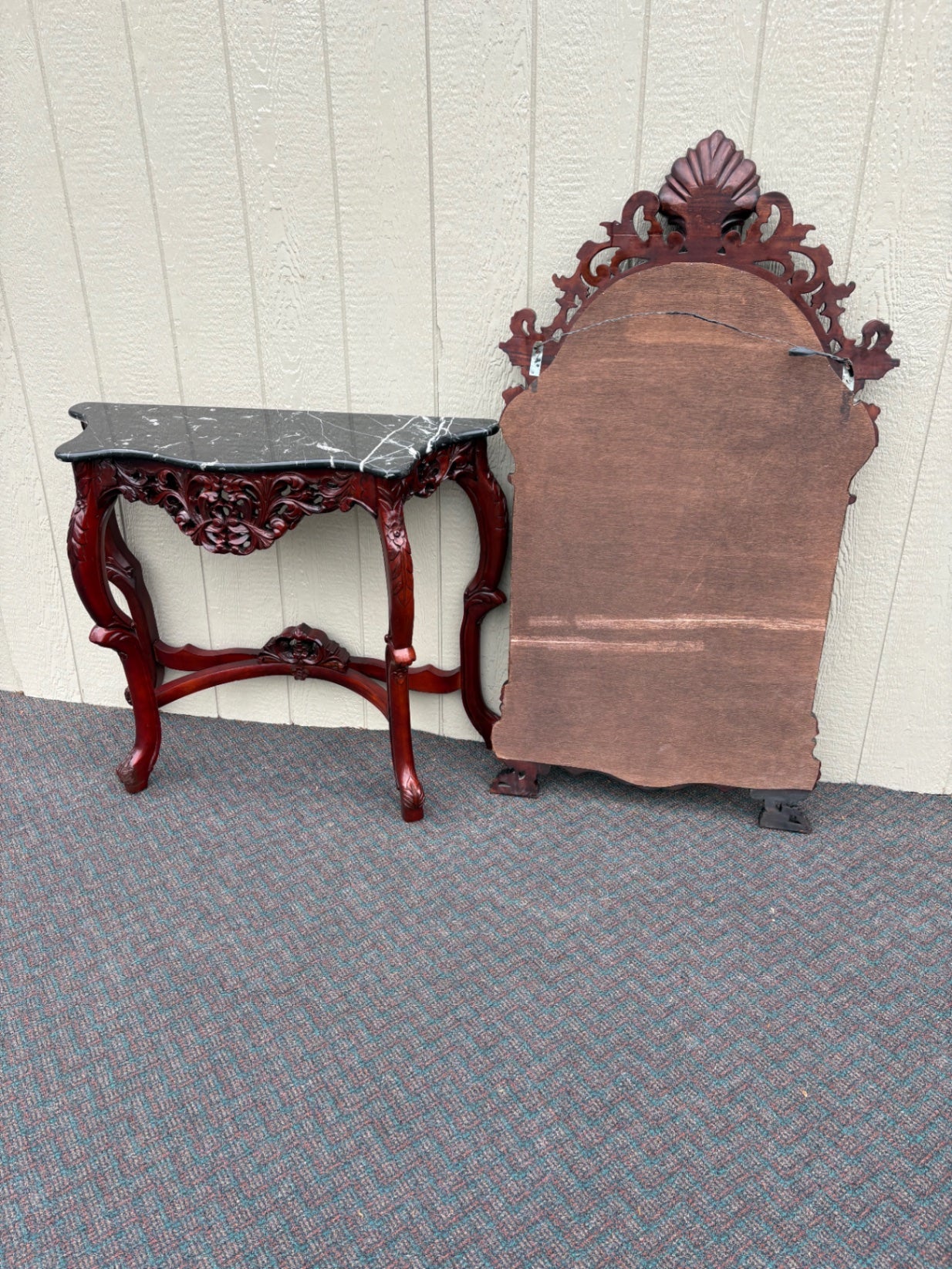 67705 Victorian Style Carved Console Table and Mirror Set with Marble Top