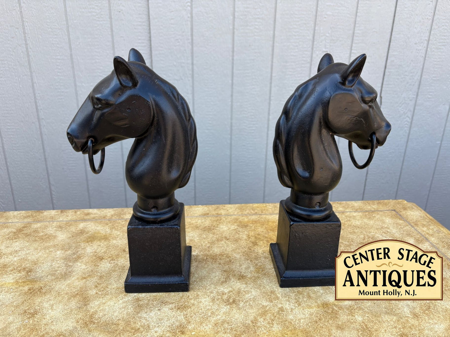 67592 Pair of Vintage Cast Iron Horse Head Sculptures with Rings