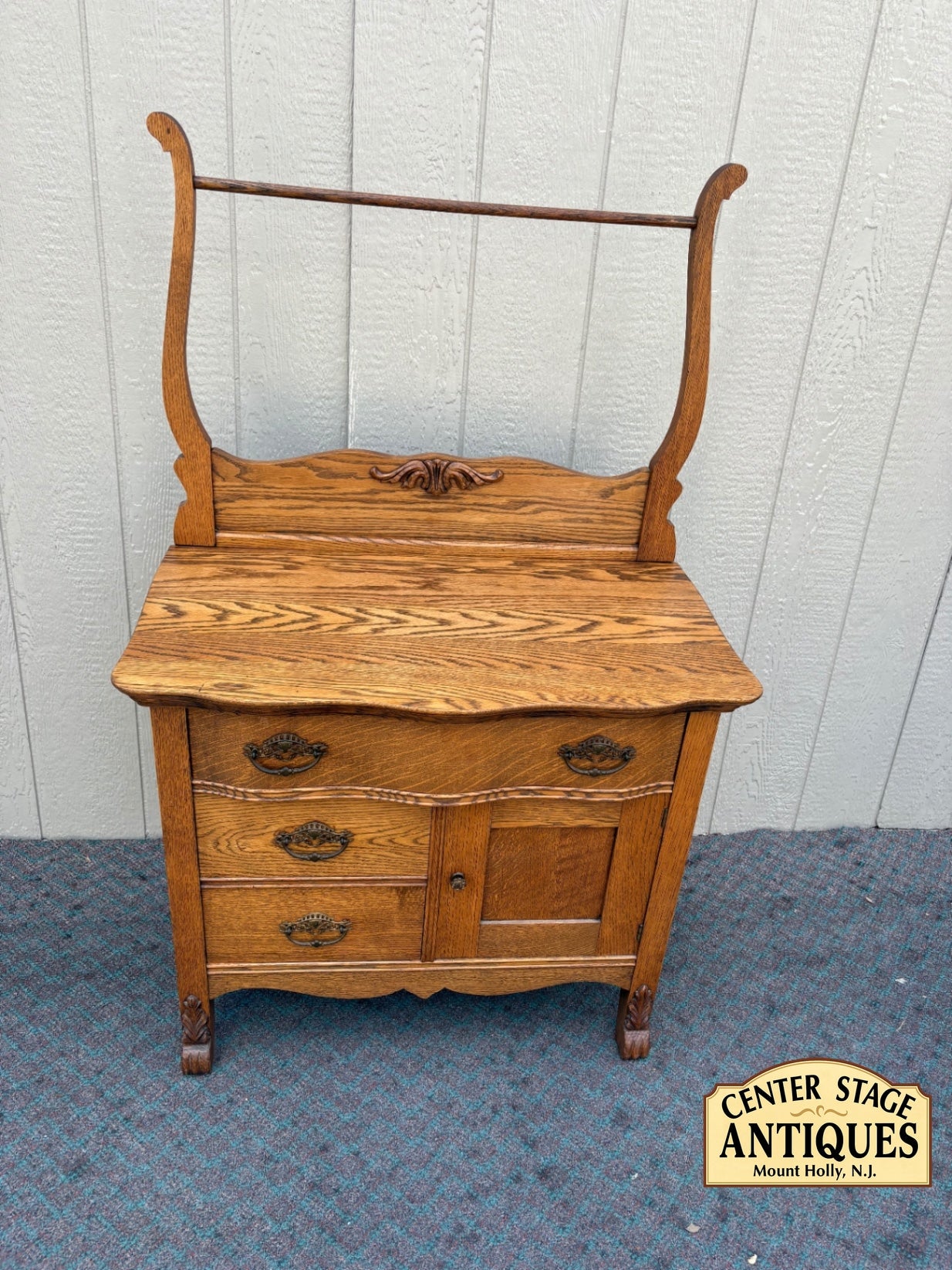 68035 Victorian Oak Washstand with Towel Rail and Carved Details