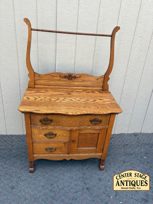 68035 Victorian Oak Washstand with Towel Rail and Carved Details