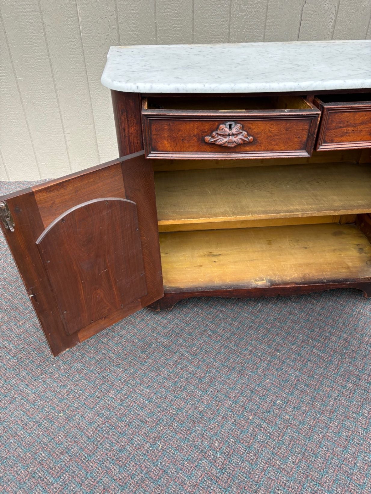 67622 Victorian Marble Top Buffet with Mirror and Ornate Carvings