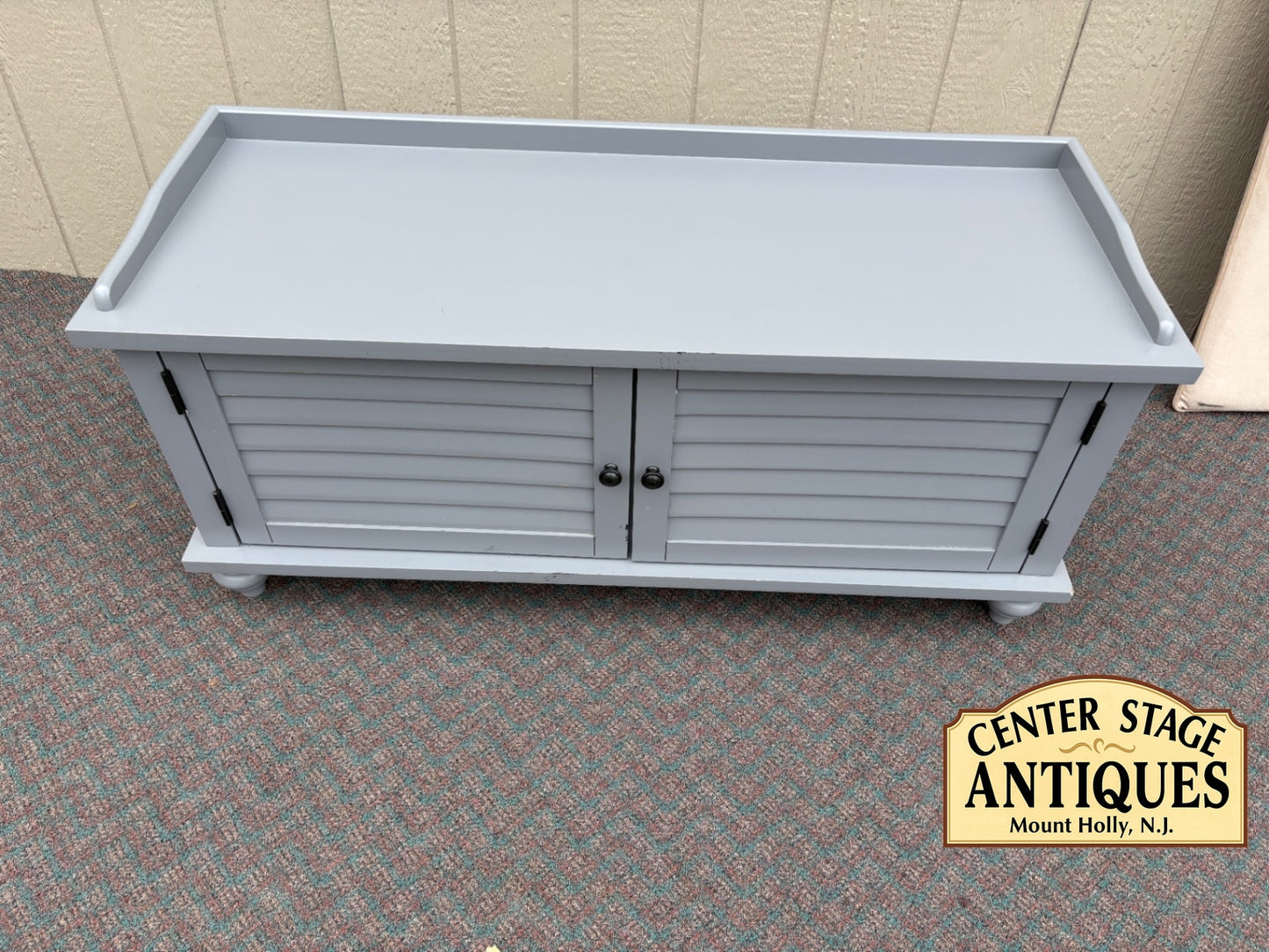 67736 Contemporary Grey Storage Bench with Cushion and Louvered Doors