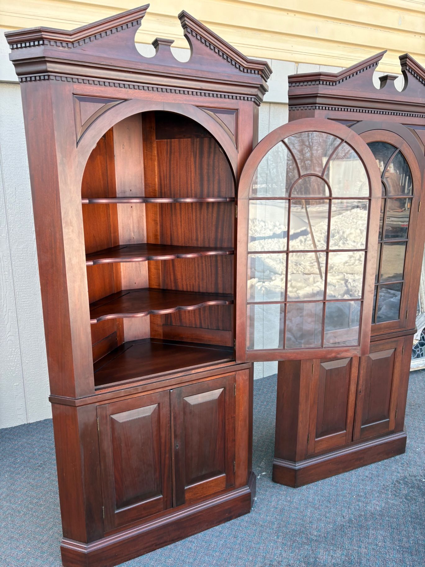 67464  Pair of Biggs Mahogany Corner Cabinets with Glass Doors