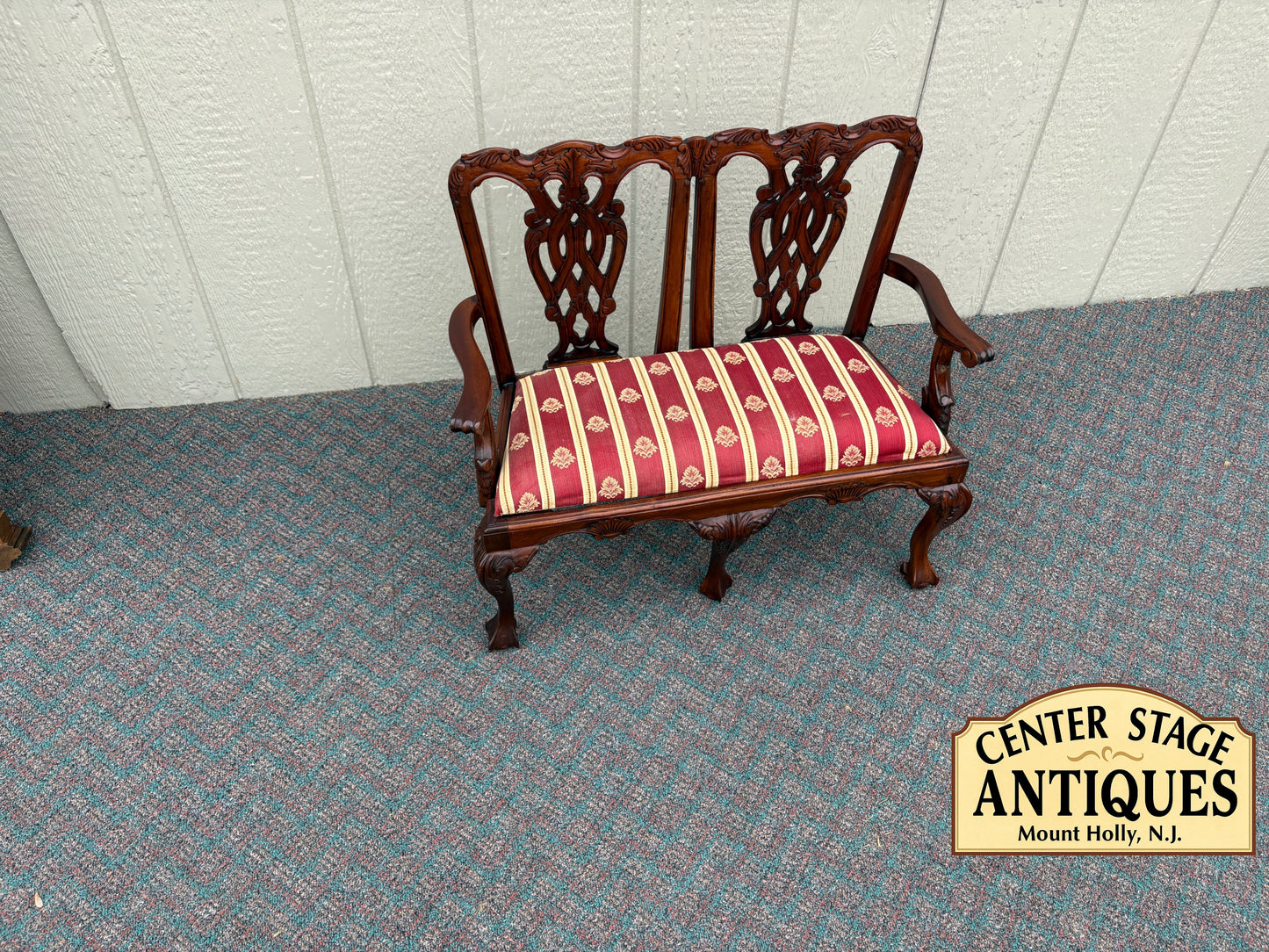 67699 Miniature Chippendale Loveseat with Carved Mahogany and Upholstery