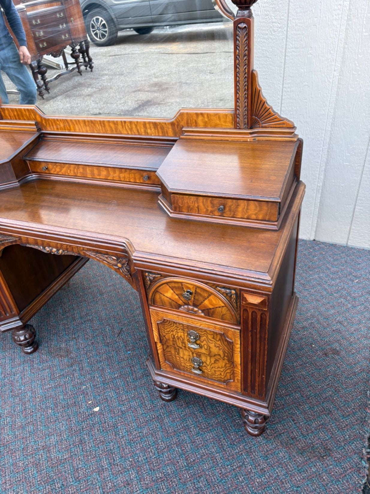 67476  Antique Walnut Vanity with Mirror, Ornate Carving and Drawers
