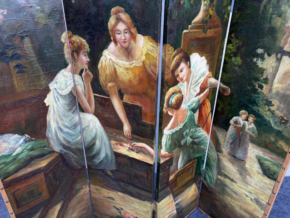 Hand-Painted Victorian Style Four-Panel Dressing Screen
