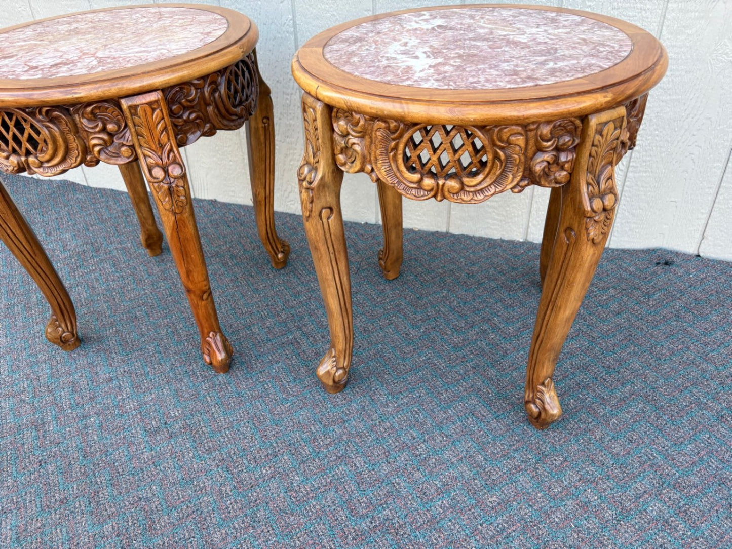 67604 Pair of Ornate Asian  Carved Wooden Tables with Marble Tops