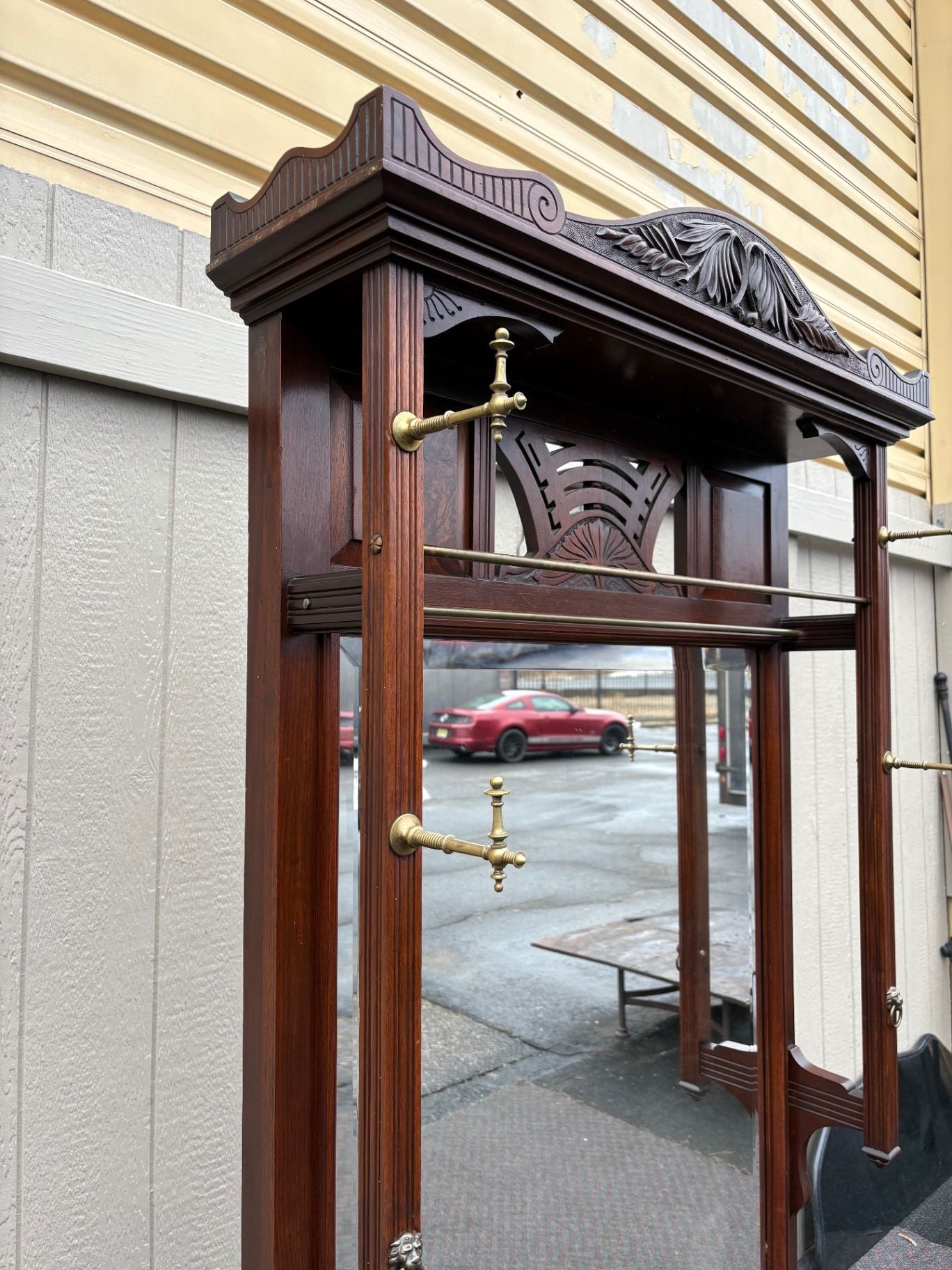 67402 Victorian Hall Seat with Mirror and Brass Hooks in Mahogany