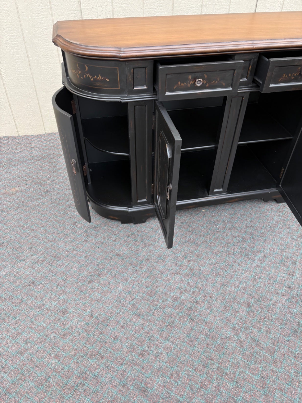 67888 Vintage Italian Style Black Buffet Sideboard with Hand-Painted Details