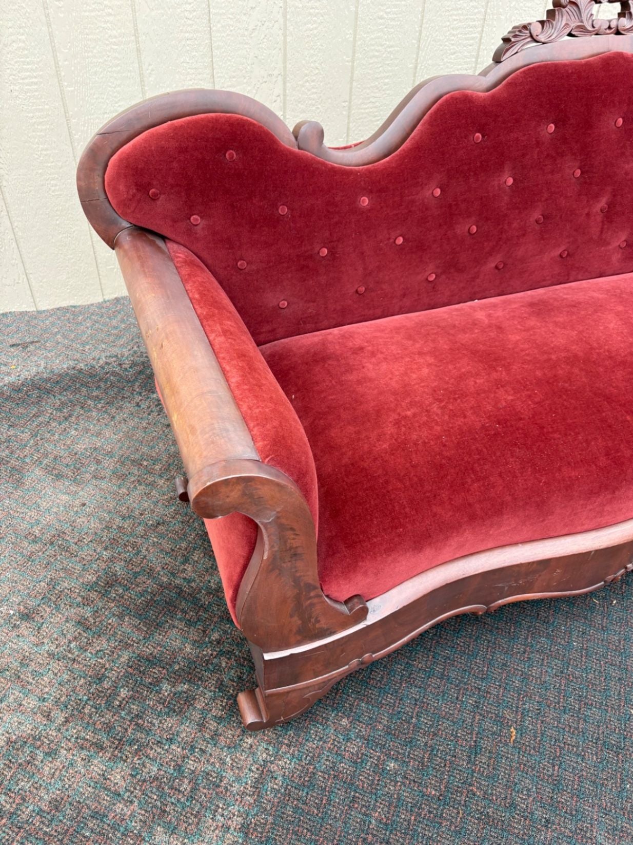 67490  Antique Empire Sofa with Red Velvet Upholstery and Carved Wood
