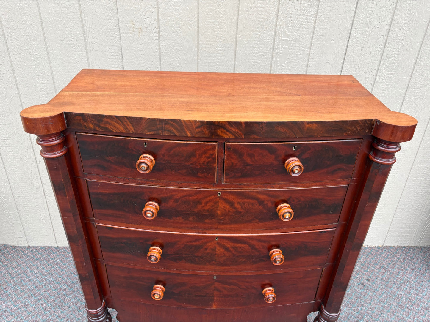 Antique Empire Chest with Flame Mahogany Veneer and Turned Columns