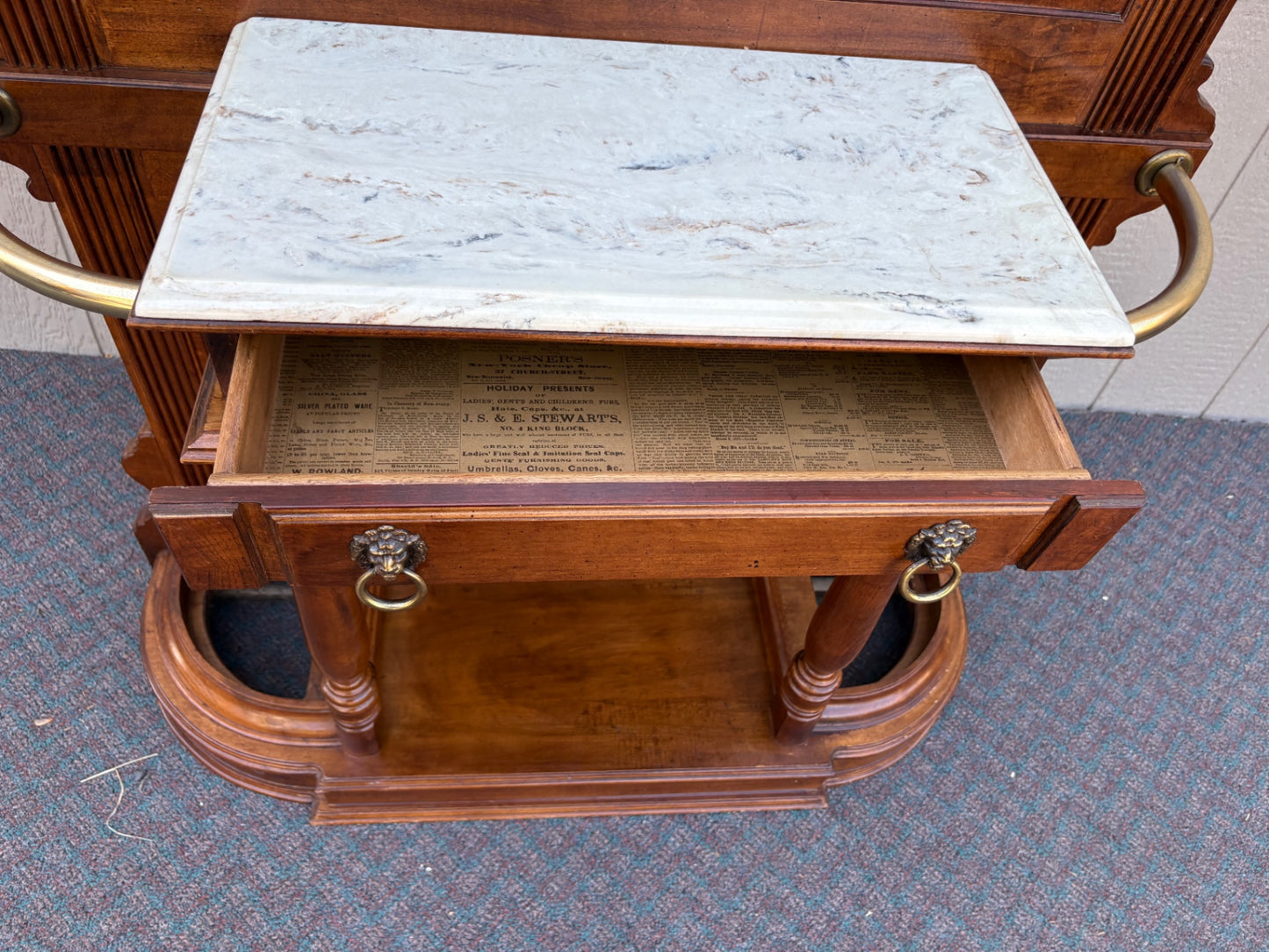 67756 Victorian Hall Tree with Mirror and Marble Shelf, Solid Walnut