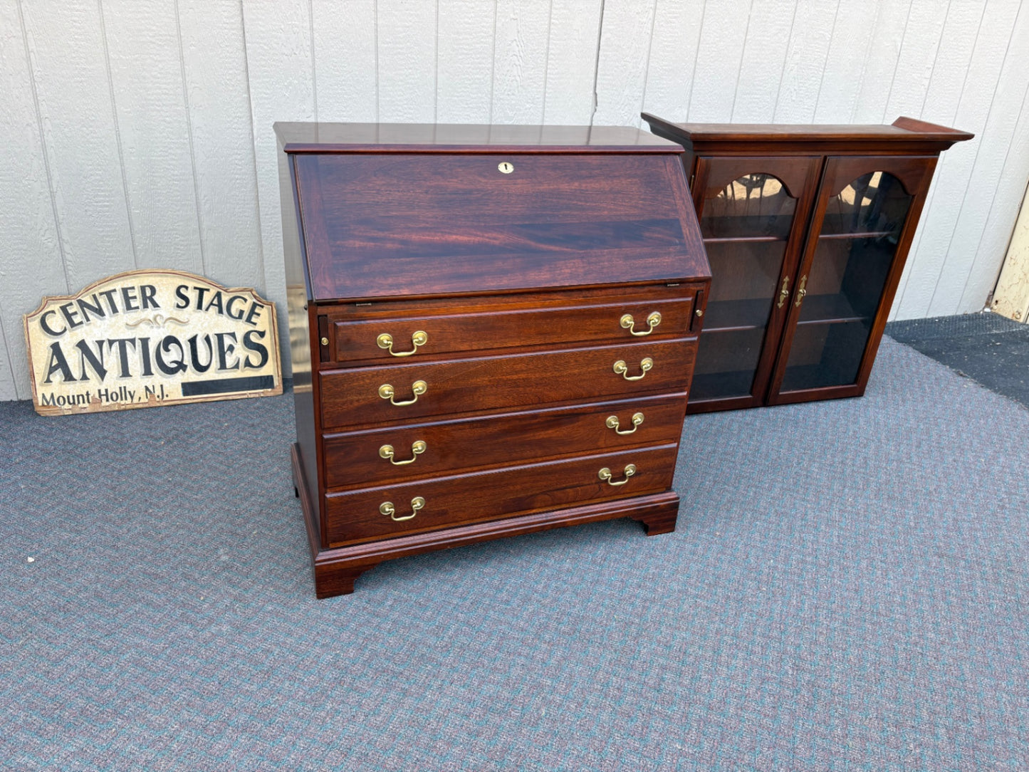 67847 Vintage Mahogany Secretary Desk with Glass Front Bookcase