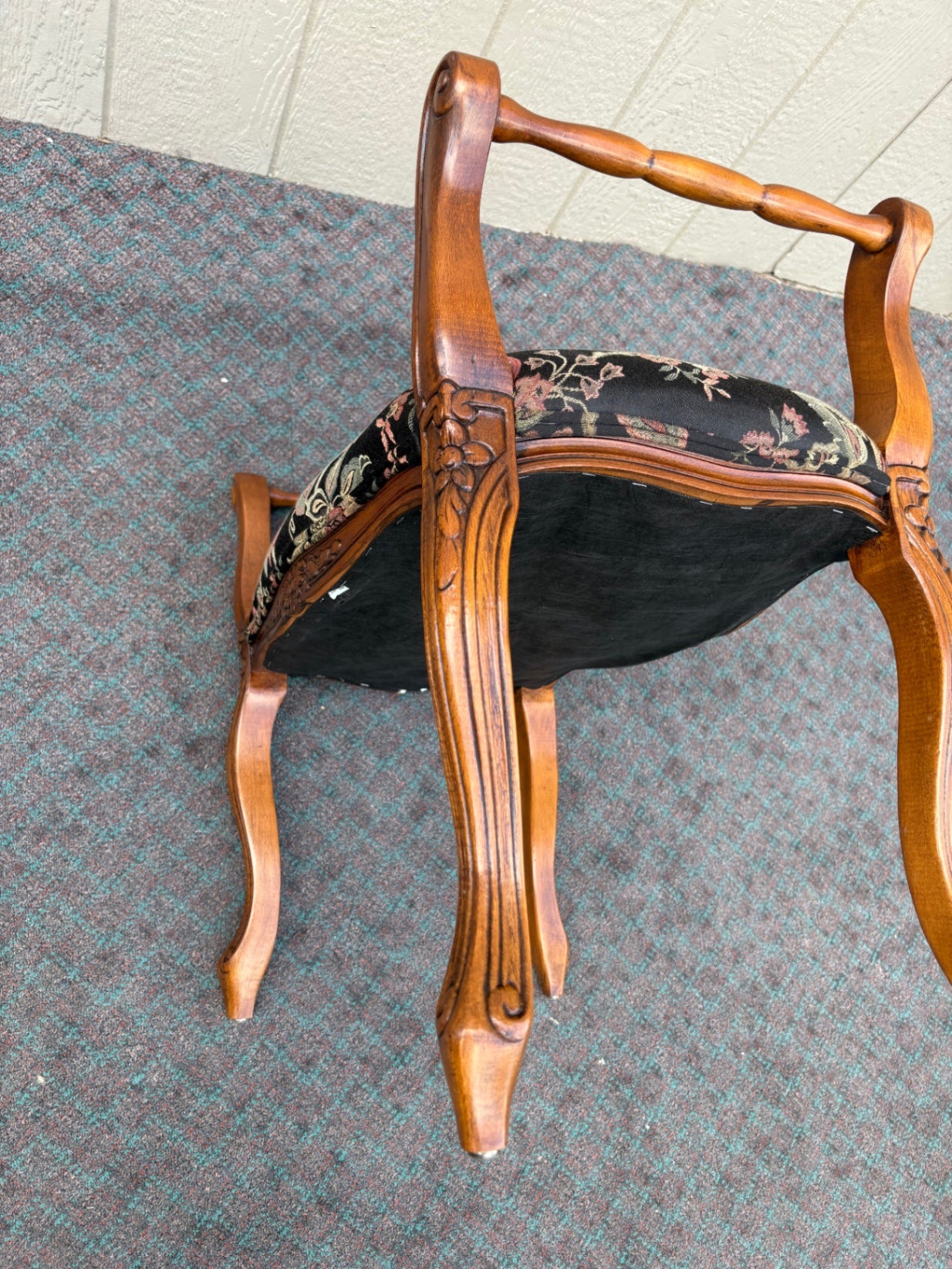 68098 Vintage Carved Wood Window Bench with Floral Upholstery