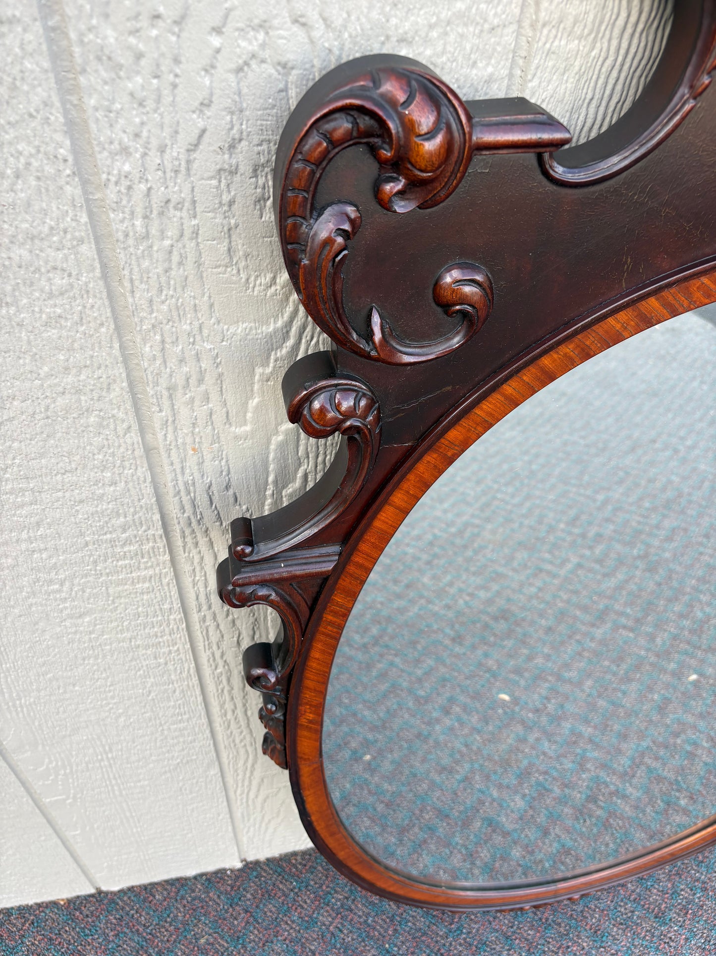 67603 Antique Mahogany Wall Mirror with Ornate Carved Detailing