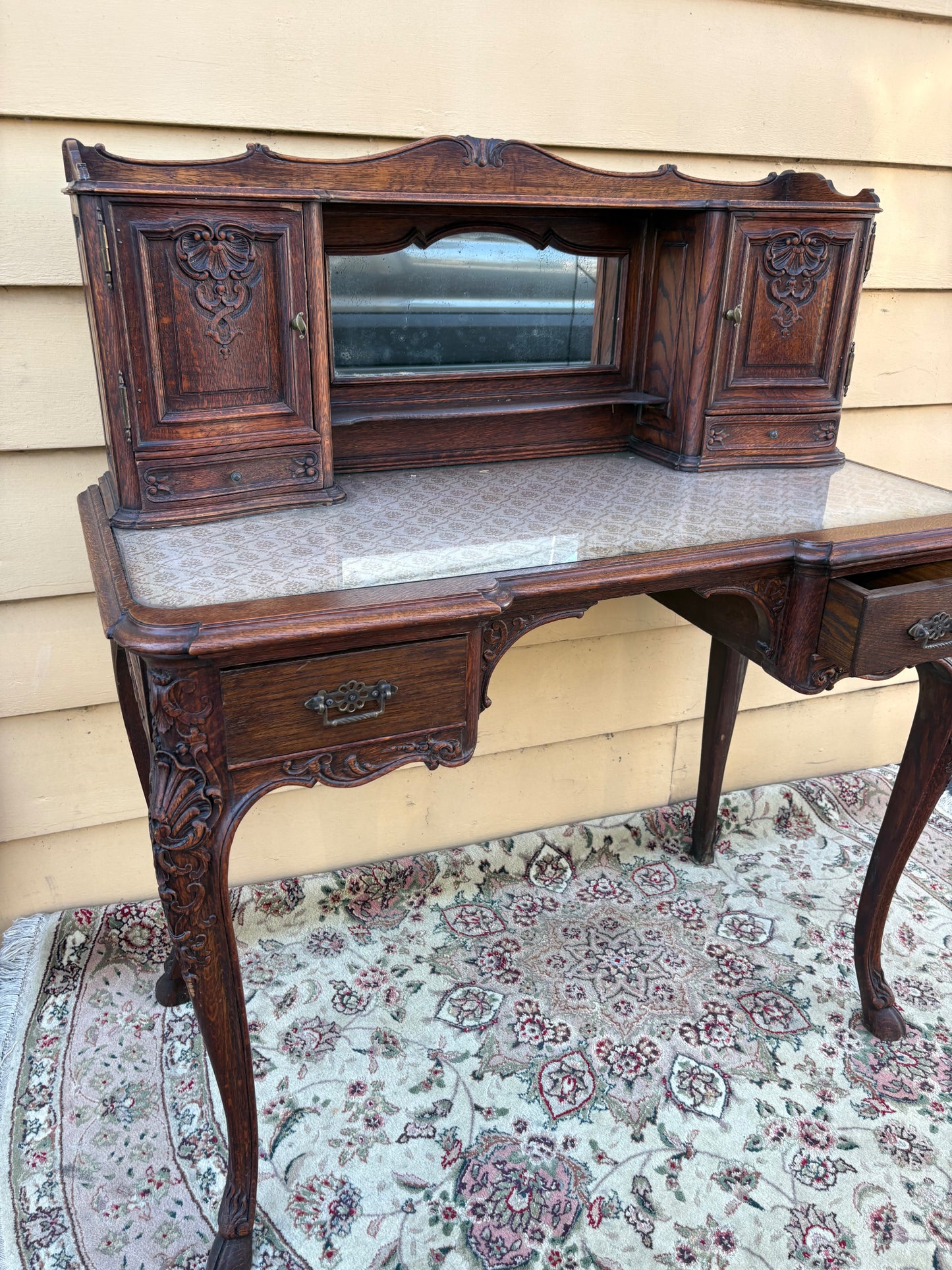 67783 Antique French Louis XV Style Oak Writing Desk with Mirror