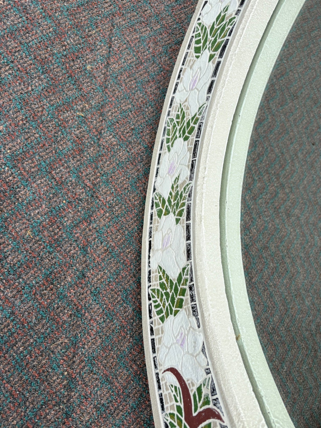 67830 Large Round Floral Mosaic Wall Mirror with White and Green Accents