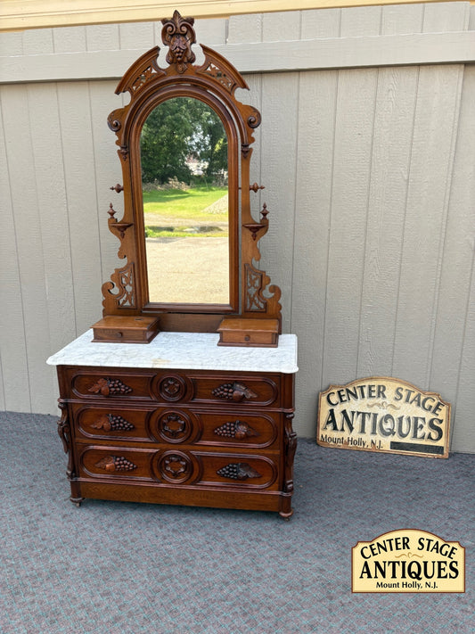 68190 Victorian Walnut Dresser with Marble Top and Ornate Mirror