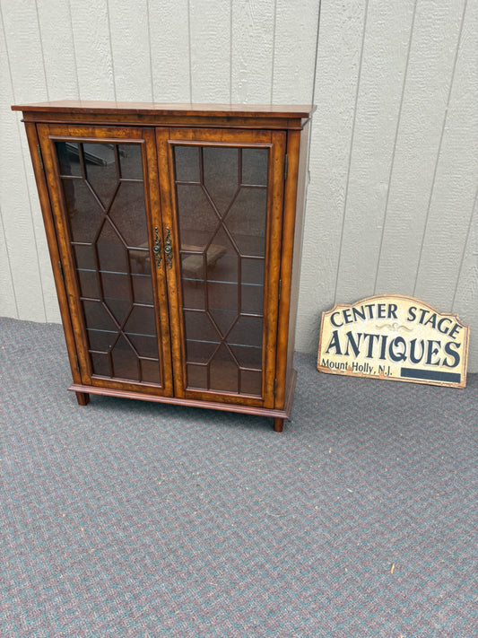 67660 Vintage Glass Front Bookcase with Geometric Wood Inlay