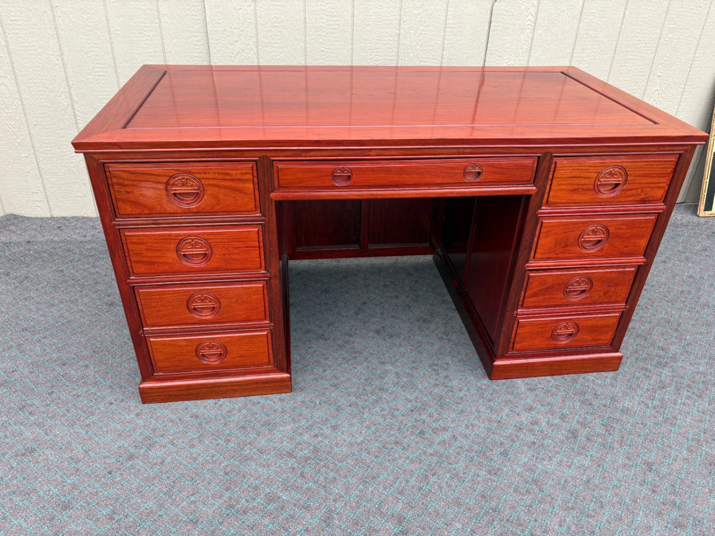 Oriental Executive Desk with Rich Mahogany Finish and Ample Storage