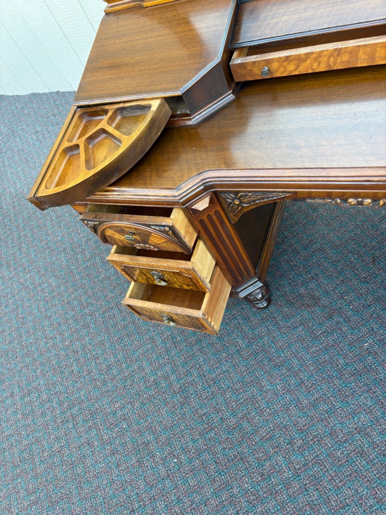 67476  Antique Walnut Vanity with Mirror, Ornate Carving and Drawers