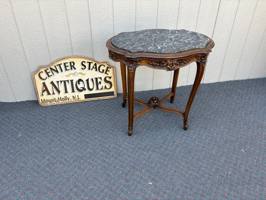 67694 Elegant French Louis XV Style Marble Top Side Table with Carved Wood