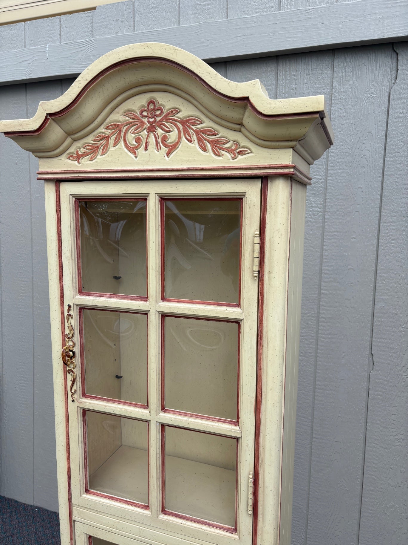 67860 Vintage French Country Curio Cabinet with Convex Glass Panels