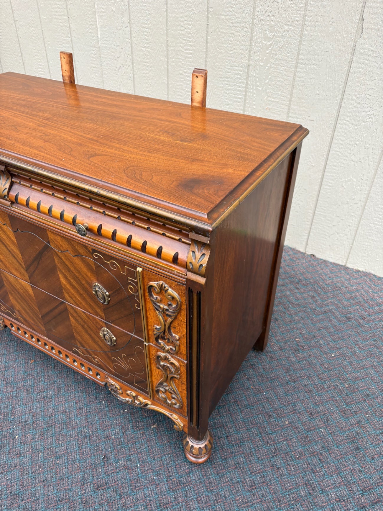 67897  Art Deco Dresser with Ornate Mirror and Intricate Carvings