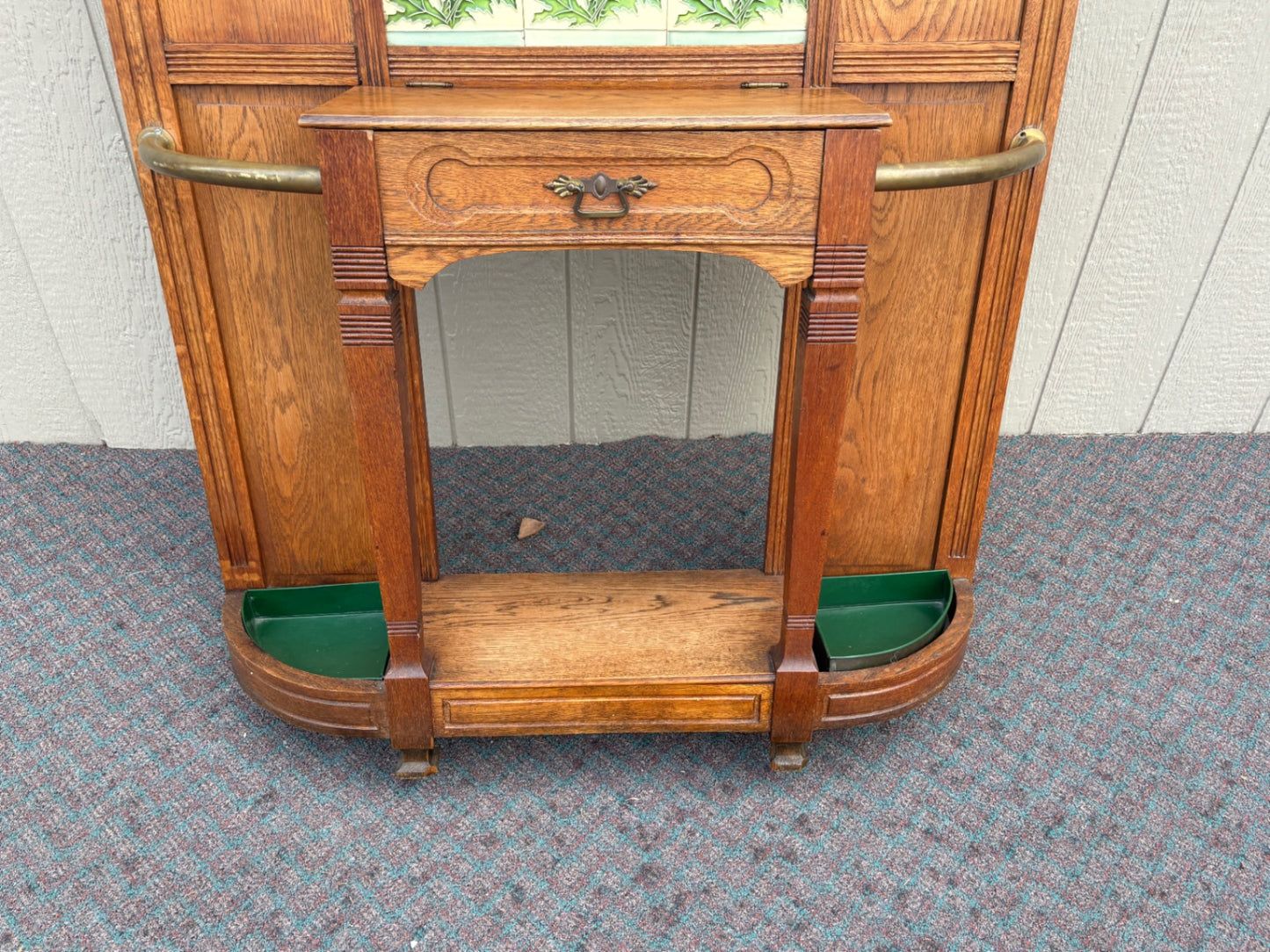 67899 Victorian Oak Hall Tree with Mirror and Ceramic Tile Inlays