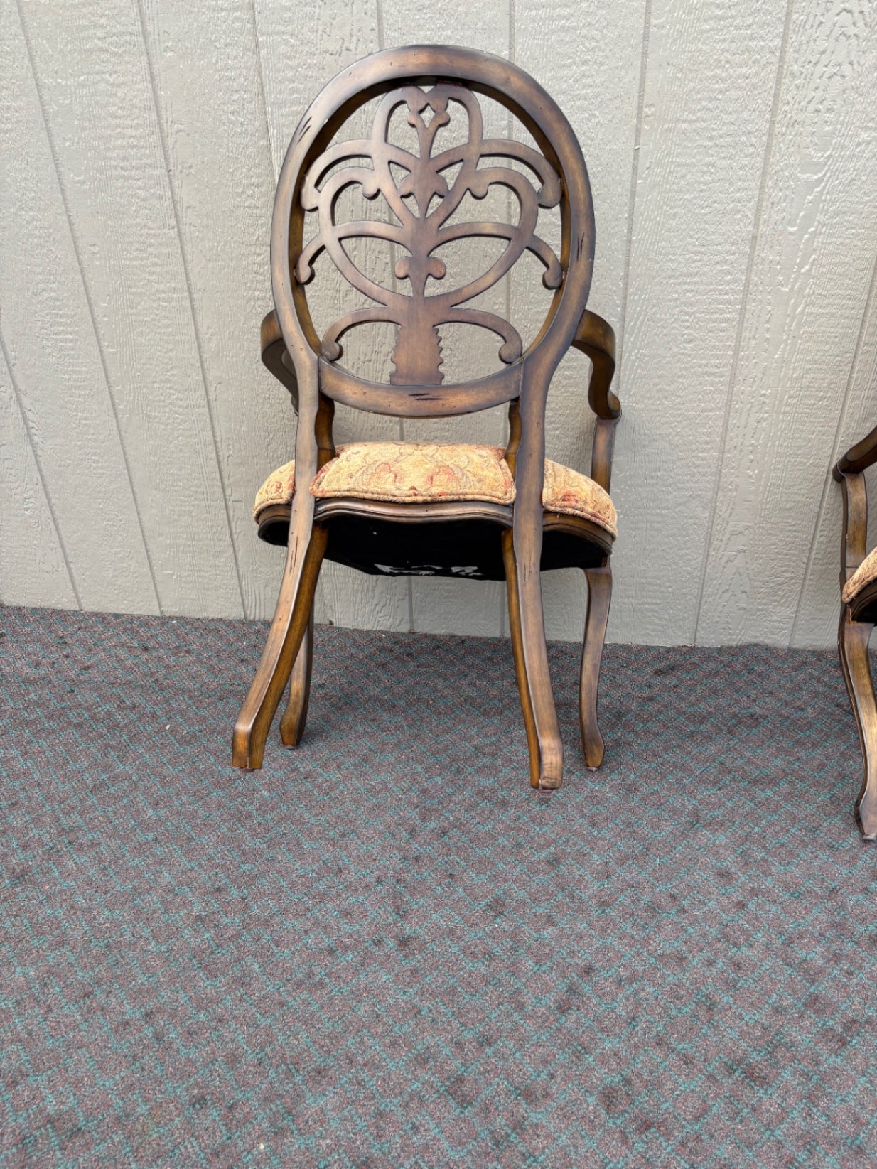 Pair of Carved Wood Armchairs with Upholstered Seats
