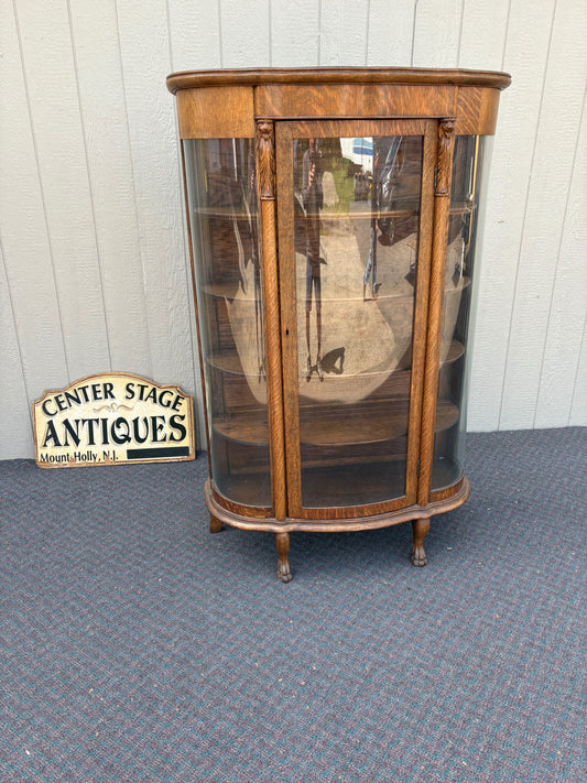 67718 Antique Oak Lion Head China Cabinet with Curved Glass Doors