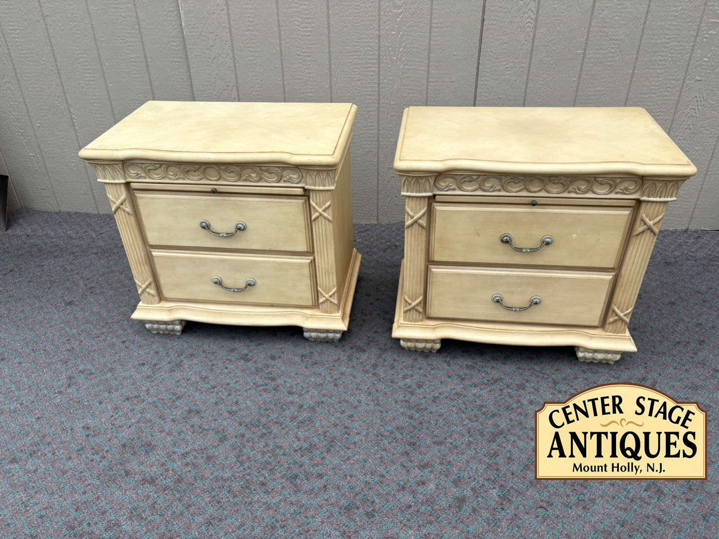 67958 Pair of Vintage Carved Nightstands with Two Drawers in Cream Finish