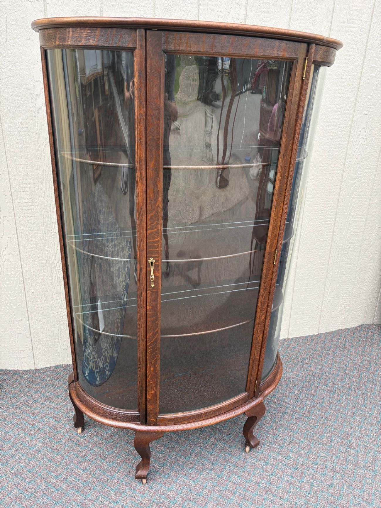 67680  Antique Bowed Oak China Cabinet with Glass Door Display