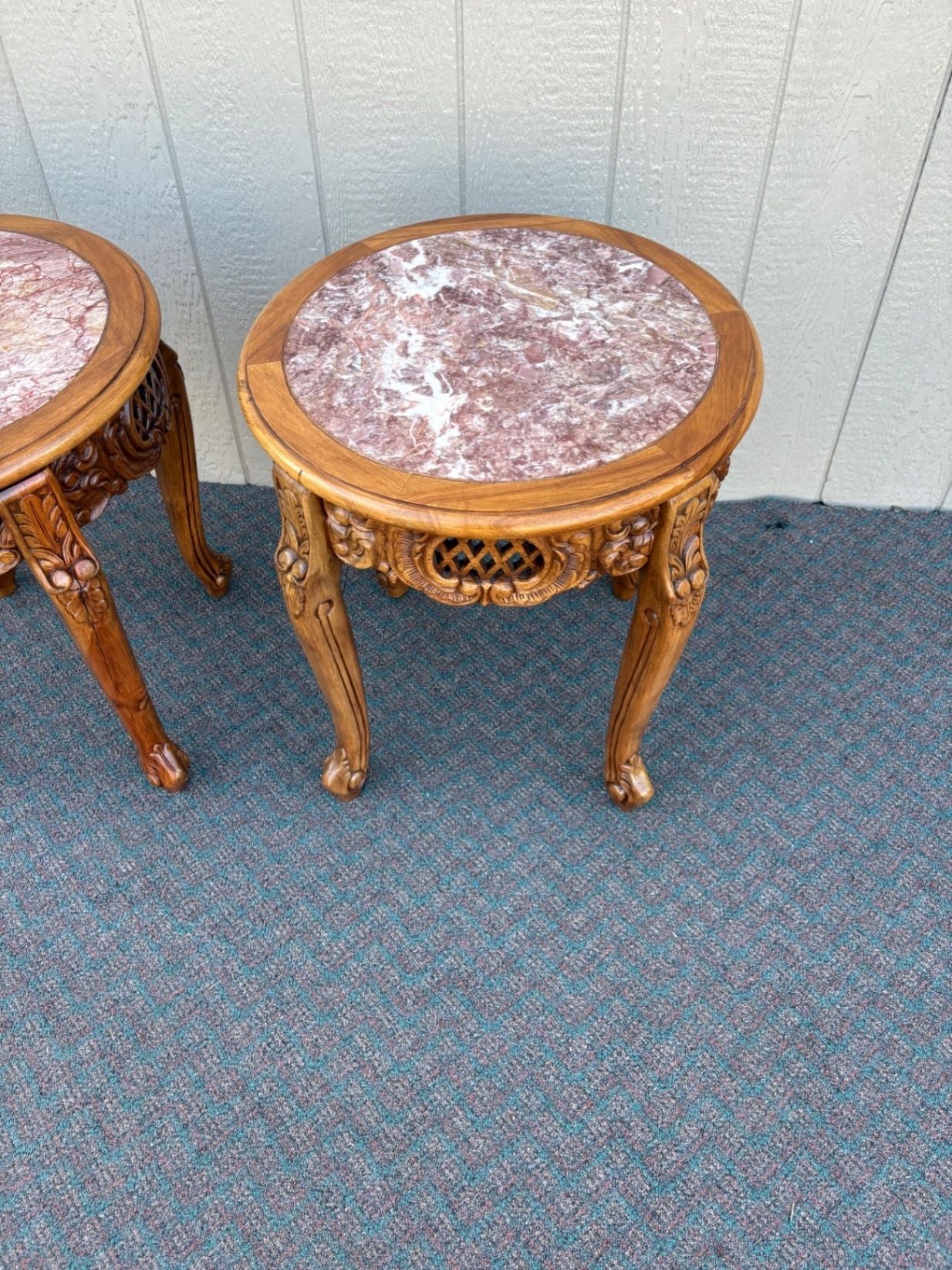 67604 Pair of Ornate Asian  Carved Wooden Tables with Marble Tops