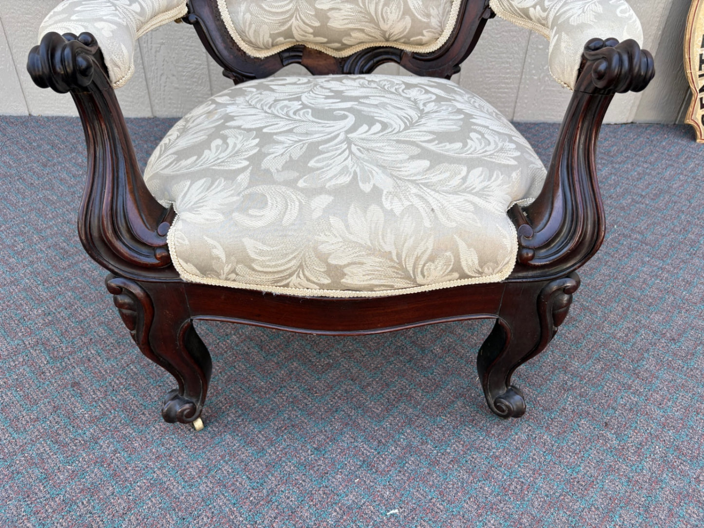 67760 Victorian Armchair with Ornate Carvings and Upholstery