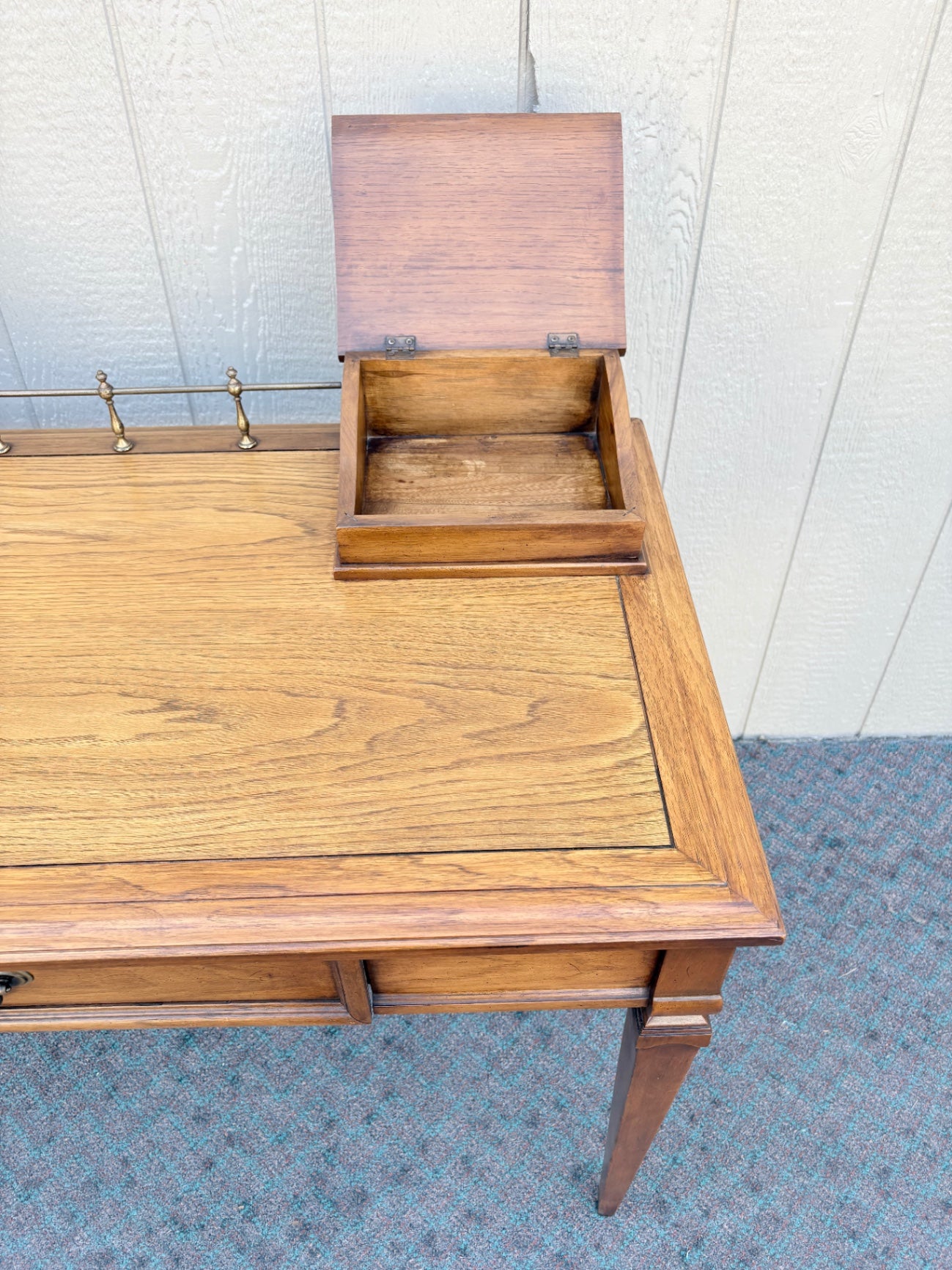 67969 Vintage Wood Writing Desk with Brass Gallery and Hidden Compartments