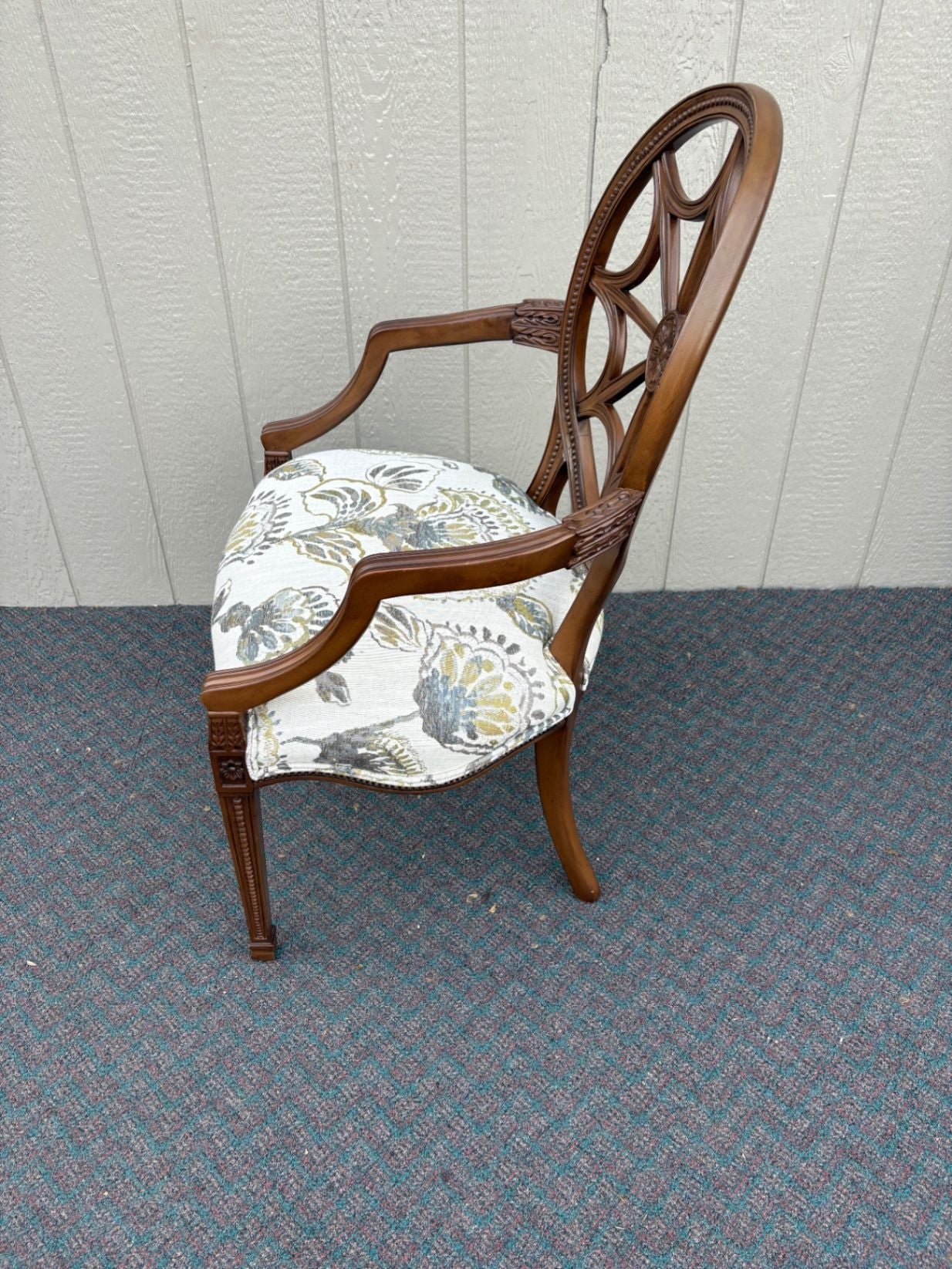 67658 Ethan Allen Carved Armchair with Floral Upholstery